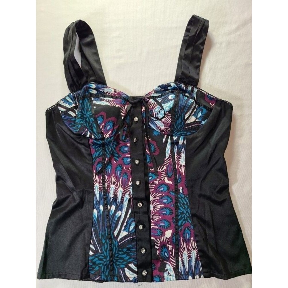Black Paisley Corset Top Small Rhinestone Button Bustier Sweetheart Clubwear